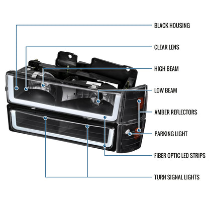 Ronnin - Fits 1988-1993 Chevy GMC C10 C/K 1500 2500 3500 Suburban Blazer Tahoe Silverado Sierra Upgraded LED Running Tube Lights Headlights + Bumper Lights + Corner Lamps Assembly Pair | Black
