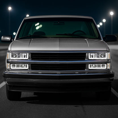 Ronnin - Fits 1994-1998 Chevy C10 C/K Silverado Suburban Tahoe LED Running Tube Lights Headlights + Corner Bumper Parking Lights Assembly Pair | Chrome