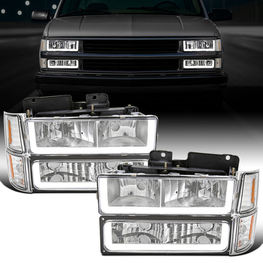 Ronnin - Fits 1994-1998 Chevy C10 C/K Silverado Suburban Tahoe LED Running Tube Lights Headlights + Corner Bumper Parking Lights Assembly Pair | Chrome
