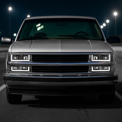 Ronnin - Fits 1994-1998 Chevy C10 C/K Silverado Suburban Tahoe LED Running Tube Lights Headlights + Corner Bumper Parking Lights Assembly Pair | Black