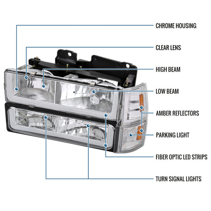 Ronnin - Fits 1994-1999 GMC C10 C/K Suburban Sierra Yukon LED Running Tube Lights Headlights + Corner Bumper Parking Lamps Replacement Set Pair | Chrome