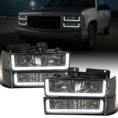 Ronnin - Fits 1994-1999 GMC C10 C/K Suburban Sierra Yukon LED Running Tube Lights Headlights + Corner Bumper Parking Lamps Replacement Set Pair | Smoke