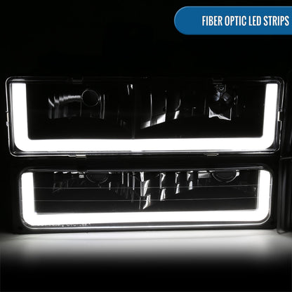 Ronnin - Fits 1994-1999 GMC C10 C/K Suburban Sierra Yukon LED Running Tube Lights Headlights + Corner Bumper Parking Lamps Replacement Set Pair | Black