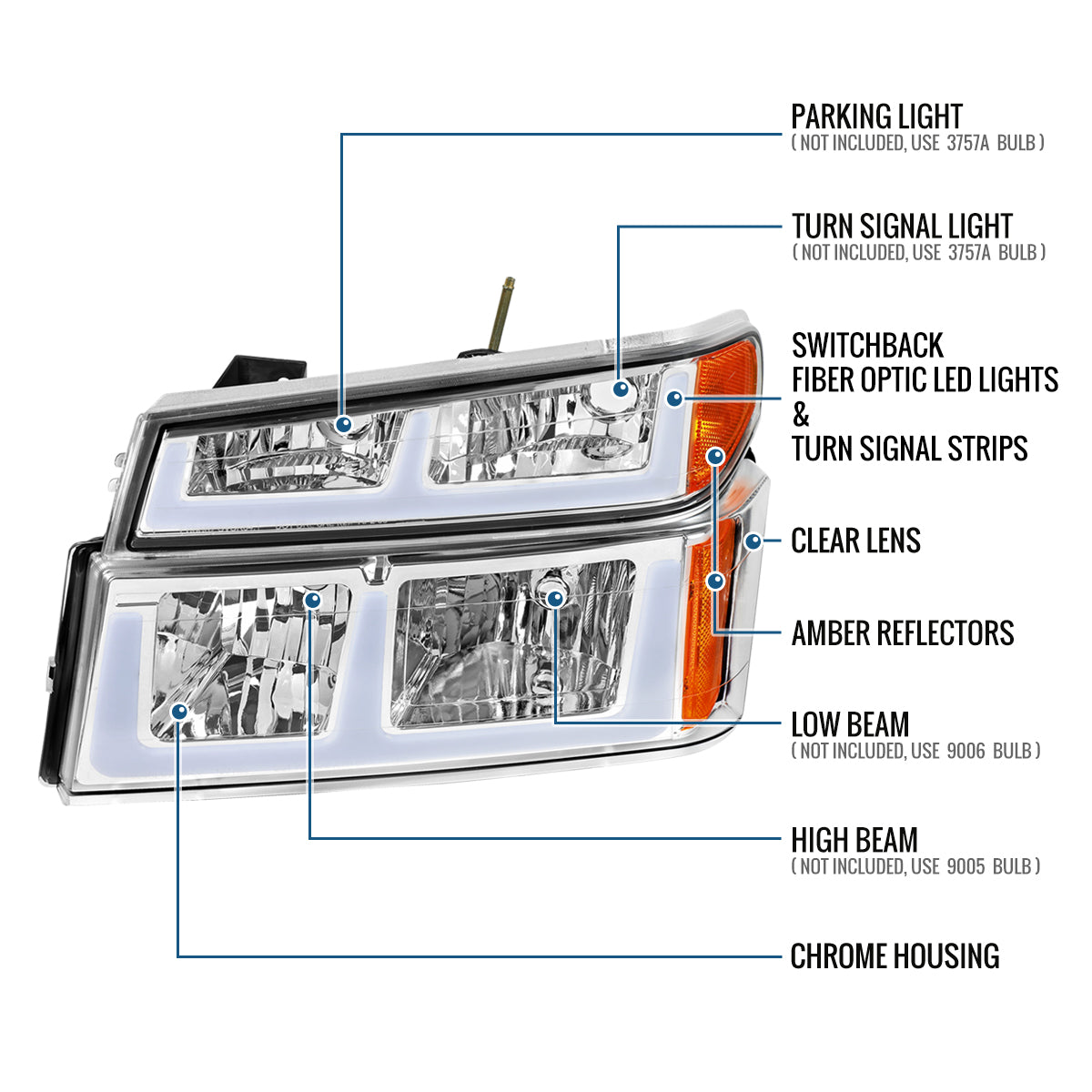 2004-2012 Chevy Colorado GMC Canyon 2006-2008 Isuzu i-Series LED Running Light Switchback Turn Signals Tube Headlights + Bumper Corner Lamps Assembly Pair | Chrome
