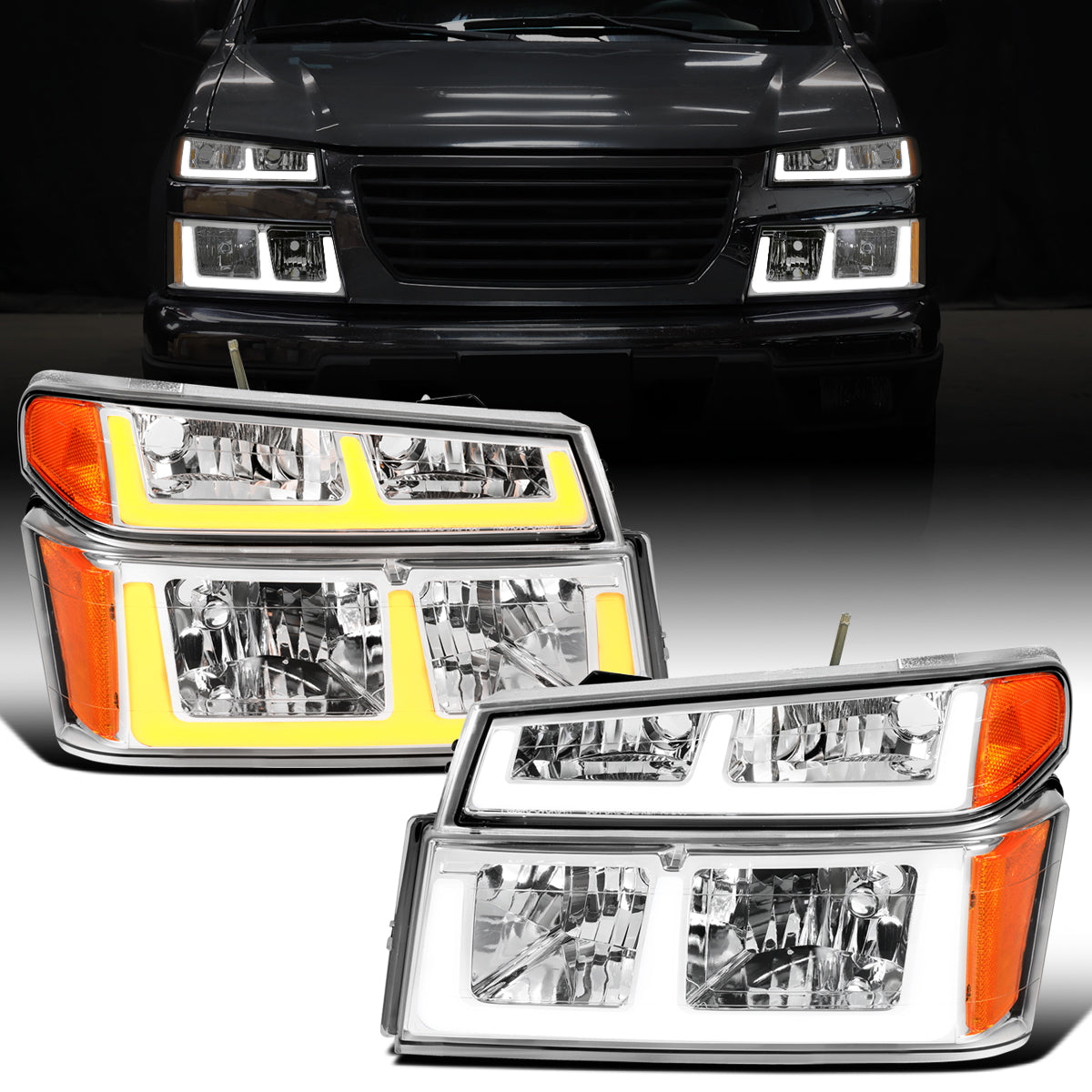 2004-2012 Chevy Colorado GMC Canyon 2006-2008 Isuzu i-Series LED Running Light Switchback Turn Signals Tube Headlights + Bumper Corner Lamps Assembly Pair | Chrome