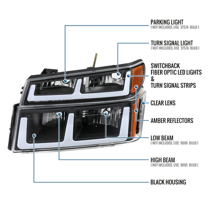 2004-2012 Chevy Colorado GMC Canyon 2006-2008 Isuzu i-Series LED Running Light Switchback Turn Signals Tube Headlights + Bumper Corner Lamps Assembly Pair | Black