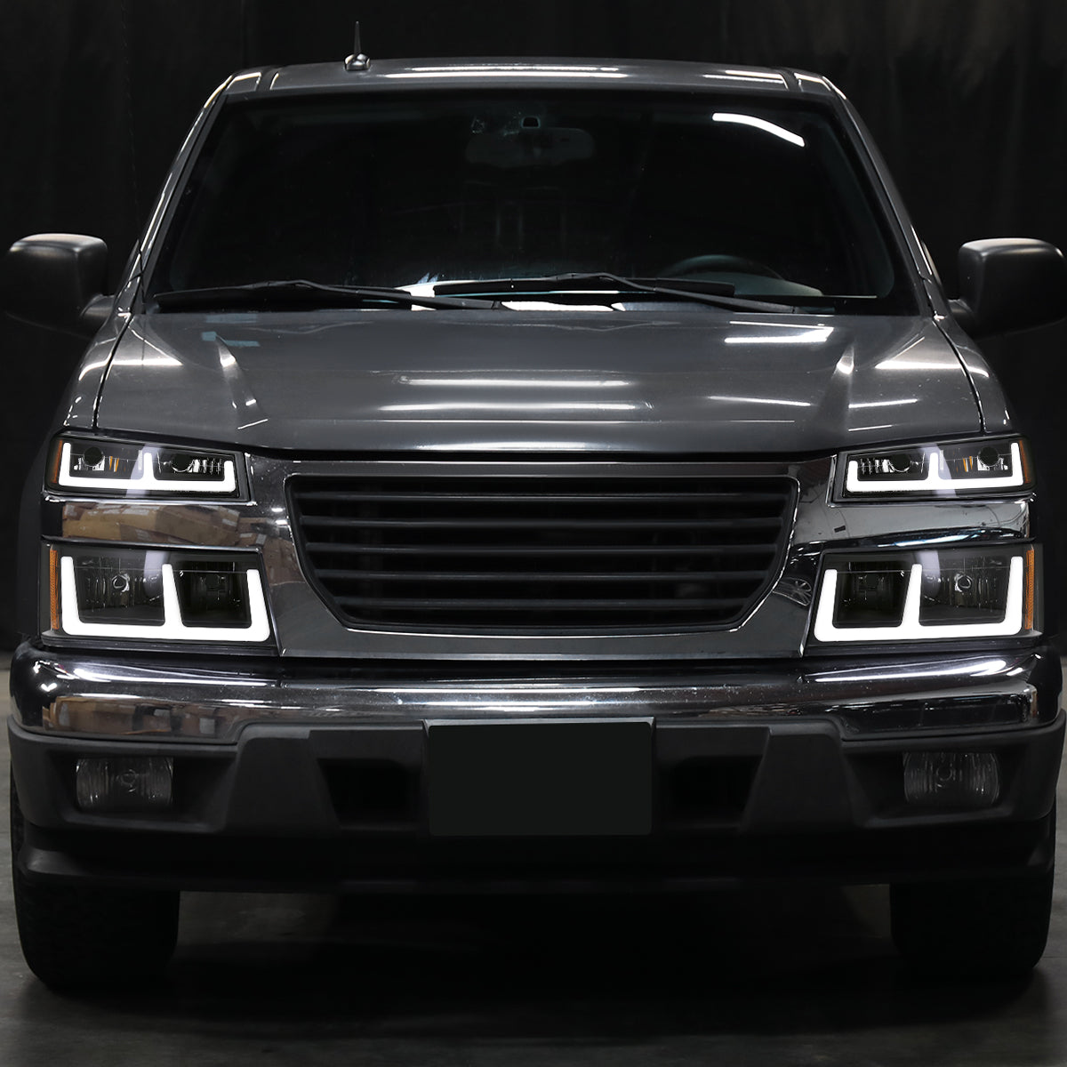 2004-2012 Chevy Colorado GMC Canyon 2006-2008 Isuzu i-Series LED Running Light Switchback Turn Signals Tube Headlights + Bumper Corner Lamps Assembly Pair | Black