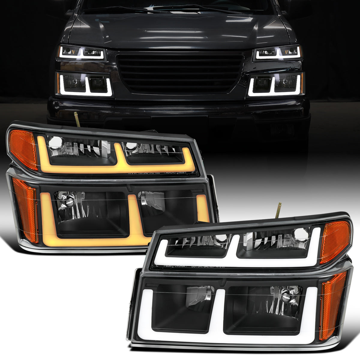 2004-2012 Chevy Colorado GMC Canyon 2006-2008 Isuzu i-Series LED Running Light Switchback Turn Signals Tube Headlights + Bumper Corner Lamps Assembly Pair | Black