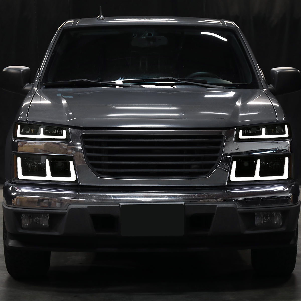 2004-2012 Chevy Colorado GMC Canyon 2006-2008 Isuzu i-Series LED Running Light Switchback Turn Signals Tube Headlights + Bumper Corner Lamps Assembly Pair | Black Smoke