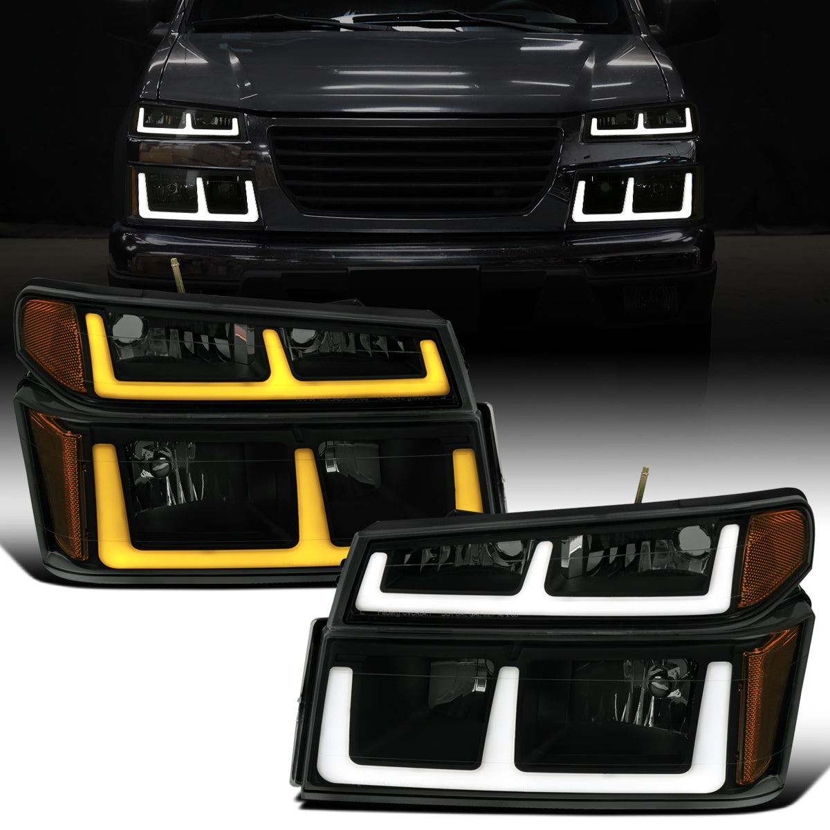 2004-2012 Chevy Colorado GMC Canyon 2006-2008 Isuzu i-Series LED Running Light Switchback Turn Signals Tube Headlights + Bumper Corner Lamps Assembly Pair | Black Smoke