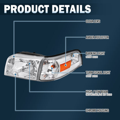 Ronnin - Compatible con Mercury Grand Marquis 2006-2011 Faros delanteros de repuesto + Conjunto de luces de esquina (Par) | Cromo