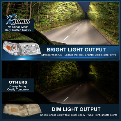 Ronnin - Compatible con Mercury Grand Marquis 2006-2011 Faros delanteros de repuesto + Conjunto de luces de esquina (Par) | Cromo