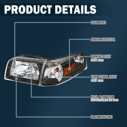Ronnin - Se adapta a Mercury Grand Marquis 2006-2011 | Par de reemplazo de faros delanteros + conjunto de luces de esquina | Negro