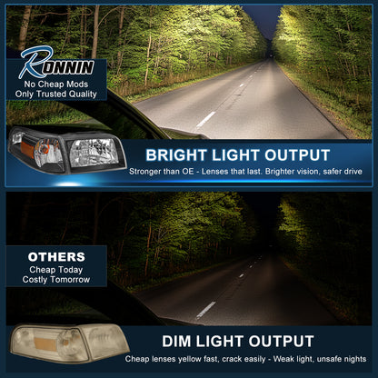 Ronnin - Se adapta a Mercury Grand Marquis 2006-2011 | Par de reemplazo de faros delanteros + conjunto de luces de esquina | Negro