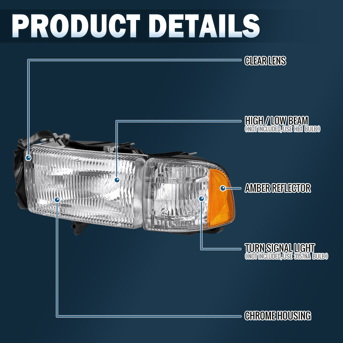 Ronnin - Compatible con Dodge Ram 1500 2500 3500 1994-2002 | Par de luces delanteras y luces de esquina de repuesto | Cromado