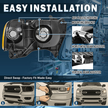 Ronnin - Compatible con Dodge Ram 1500 2500 3500 1994-2002 | Par de luces delanteras y luces de esquina de repuesto | Cromado