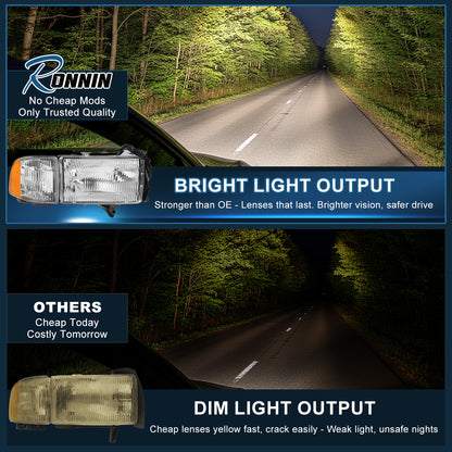 Ronnin - Compatible con Dodge Ram 1500 2500 3500 1994-2002 | Par de luces delanteras y luces de esquina de repuesto | Cromado
