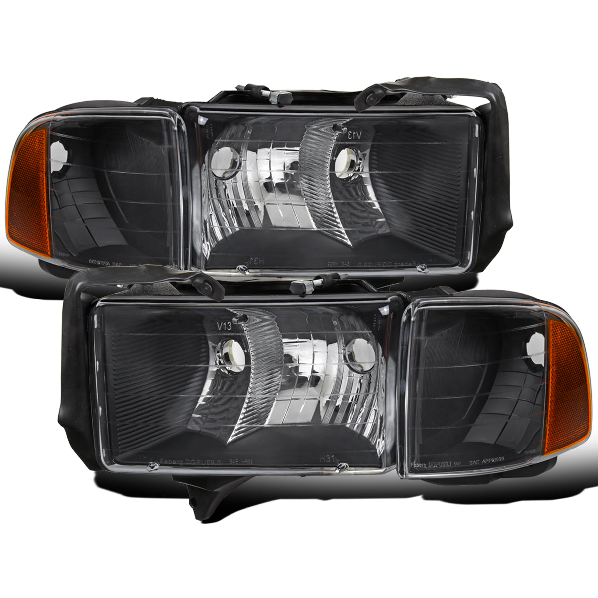 1999-2002 Dodge Ram 1500 2500 3500 Sport Model Replacement Headlights + Corner Lights Assembly Pair | Black
