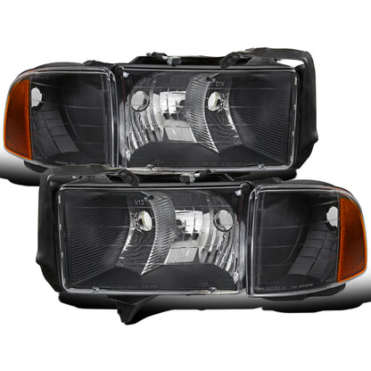 1999-2002 Dodge Ram 1500 2500 3500 Sport Model Replacement Headlights + Corner Lights Assembly Pair | Black