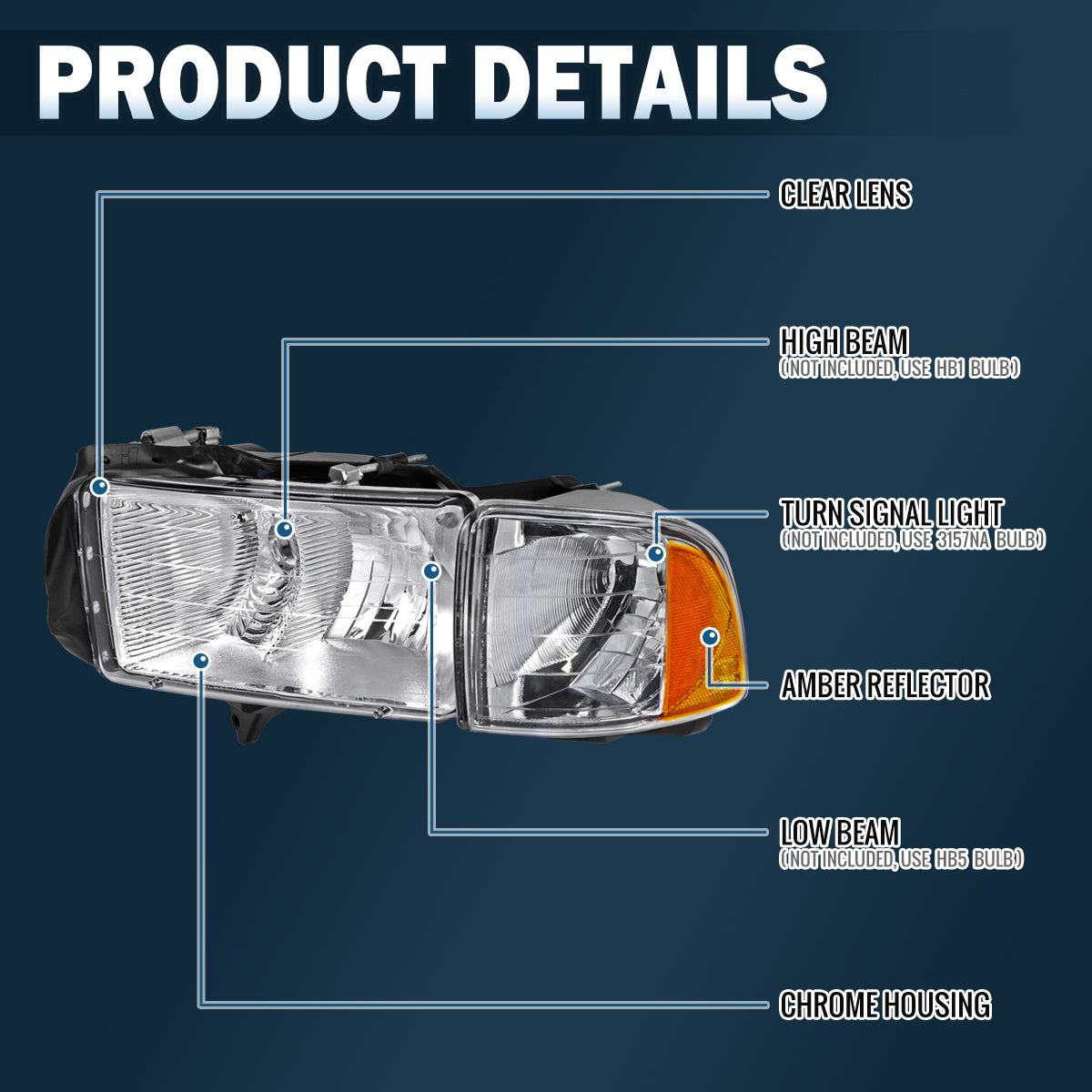 Ronnin - Fits 1999-2002 Dodge Ram 1500 2500 3500 Sport Package Factory Replacement Headlights + Corner Lights Assembly Pair | Chrome