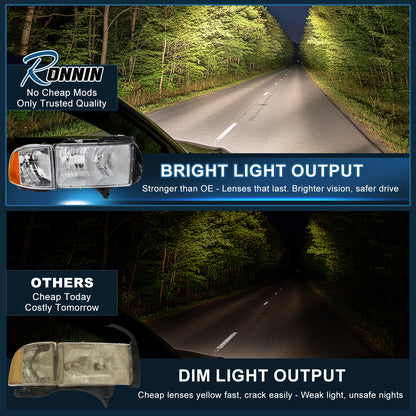 Ronnin - Fits 1999-2002 Dodge Ram 1500 2500 3500 Sport Package Factory Replacement Headlights + Corner Lights Assembly Pair | Chrome