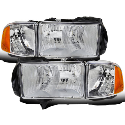 Ronnin - Fits 1999-2002 Dodge Ram 1500 2500 3500 Sport Package Factory Replacement Headlights + Corner Lights Assembly Pair | Chrome