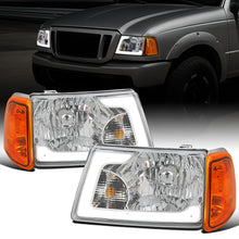 Ronnin - Fits 2001-2011 Ford Ranger Upgraded LED Running Tube Lights Headlights + Amber Corner Lamps Replacement Assembly Pair | Chrome