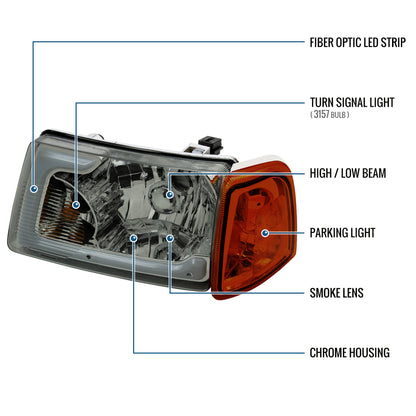 Ronnin - Fits 2001-2011 Ford Ranger Upgraded LED Running Tube Lights Headlights + Amber Corner Lamps Replacement Assembly Pair | Smoke