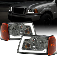 Ronnin - Fits 2001-2011 Ford Ranger Upgraded LED Running Tube Lights Headlights + Amber Corner Lamps Replacement Assembly Pair | Smoke