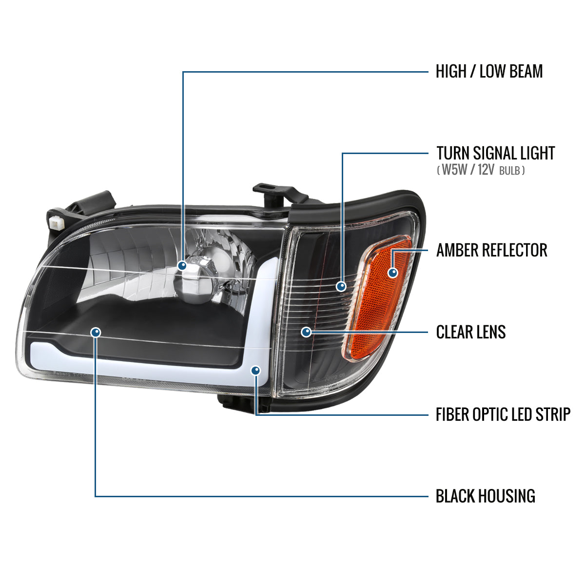 Ronnin - Fits 2001-2004 Toyota Tacoma Upgraded LED Running Tube Lights Headlights + Corner Lamps Replacement Assembly Pair | Black
