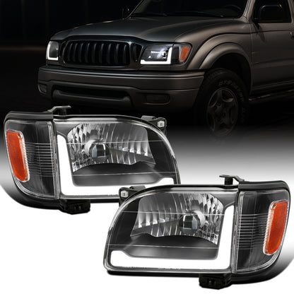 Ronnin - Fits 2001-2004 Toyota Tacoma Upgraded LED Running Tube Lights Headlights + Corner Lamps Replacement Assembly Pair | Black