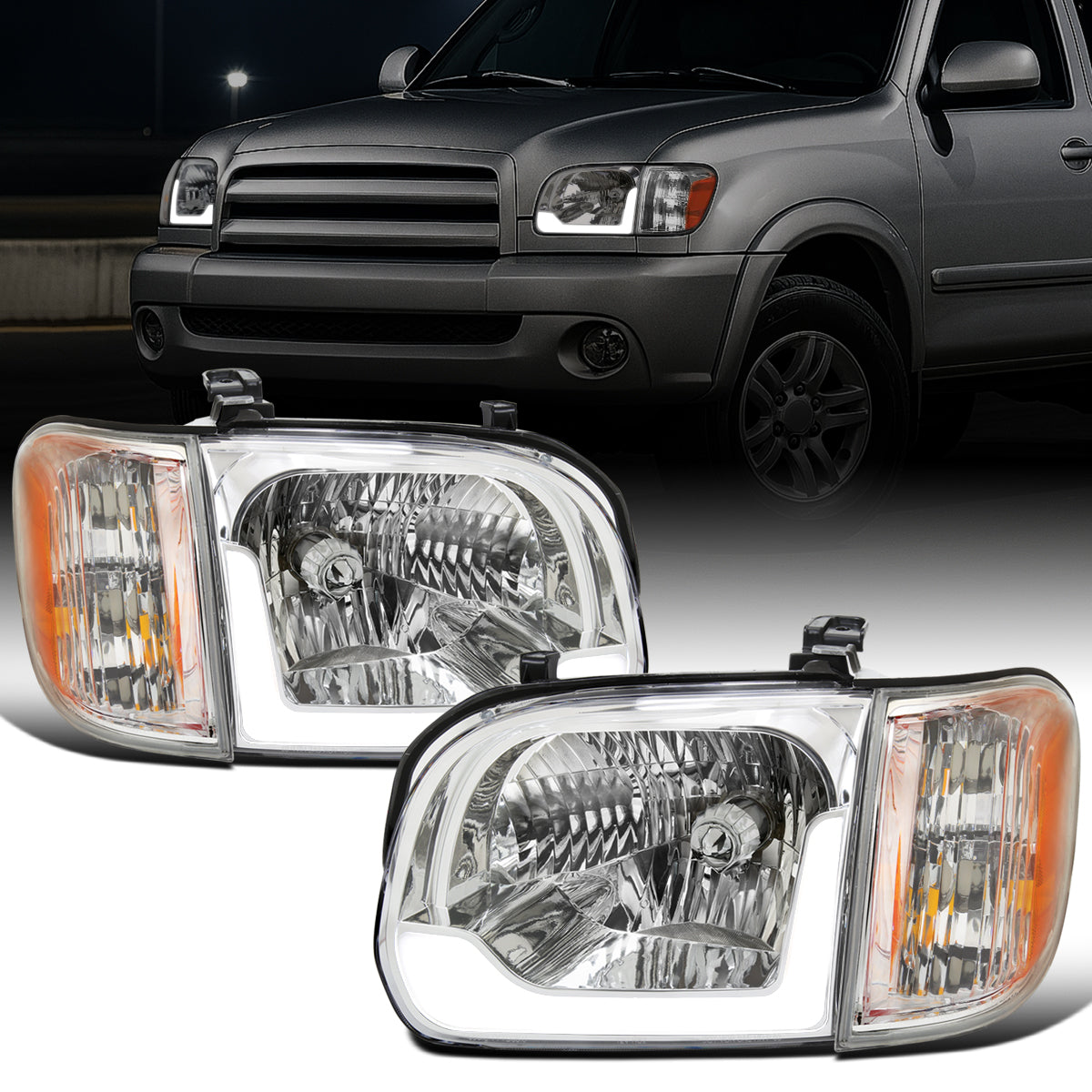 Ronnin - Fits 2005-2006 Toyota Tundra 2005-2007 Sequoia Upgraded LED Running Tube Lights Headlights + Corner Lights Replacement Assembly Pair | Chrome