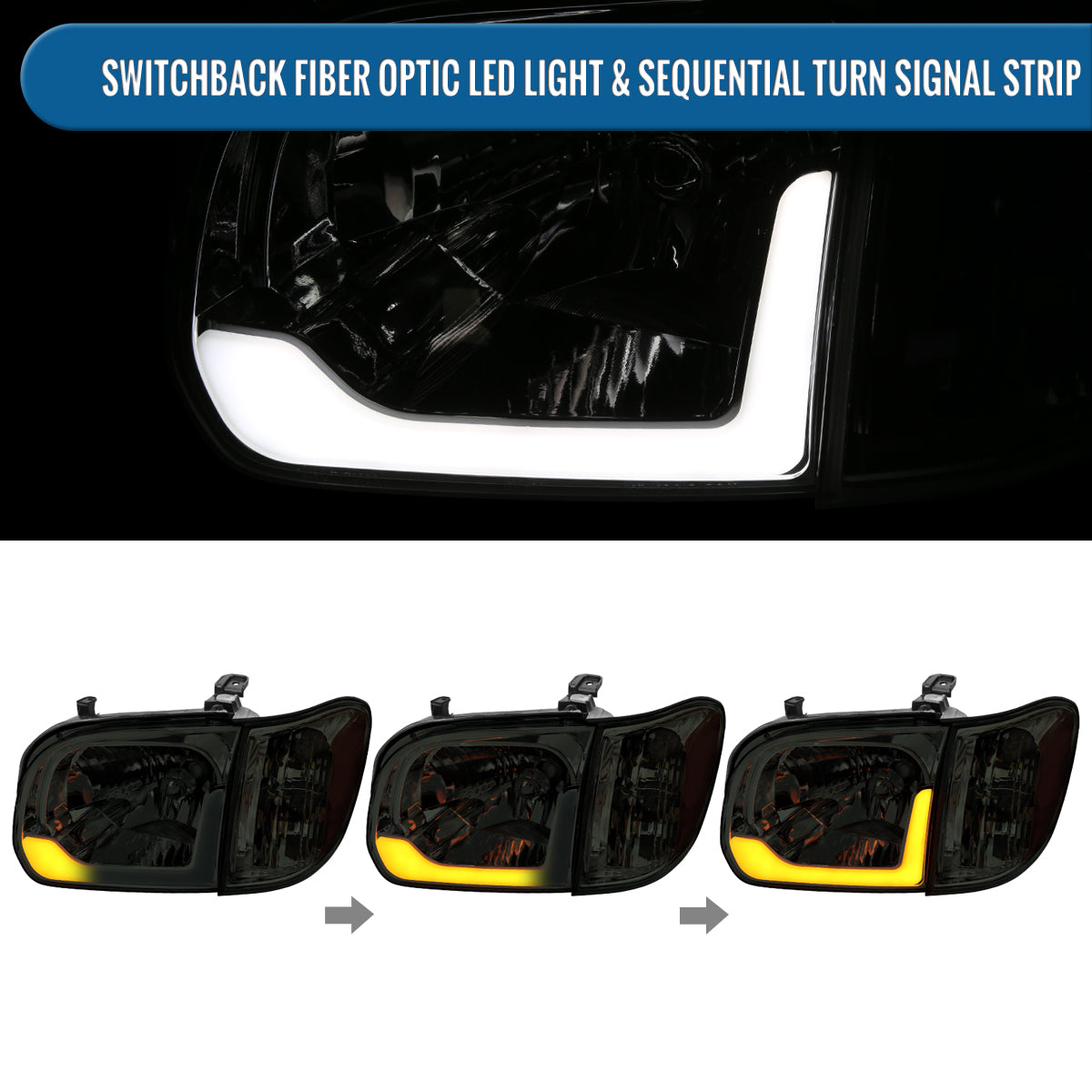 Ronnin - Compatible con Toyota Tundra 2005-2006 y Sequoia 2005-2007, luces LED de circulación diurna de repuesto mejoradas, intermitentes secuenciales, faros delanteros + conjunto de luces de esquina, par | Ahumado
