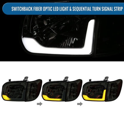 Ronnin - Compatible con Toyota Tundra 2005-2006 y Sequoia 2005-2007, luces LED de circulación diurna de repuesto mejoradas, intermitentes secuenciales, faros delanteros + conjunto de luces de esquina, par | Ahumado