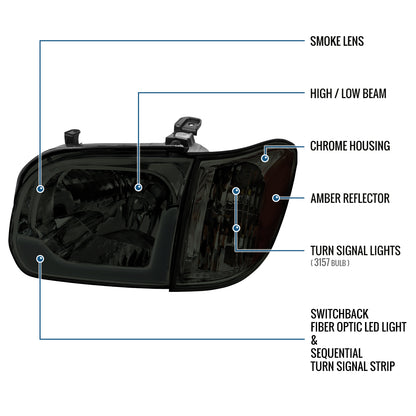 Ronnin - Compatible con Toyota Tundra 2005-2006 y Sequoia 2005-2007, luces LED de circulación diurna de repuesto mejoradas, intermitentes secuenciales, faros delanteros + conjunto de luces de esquina, par | Ahumado