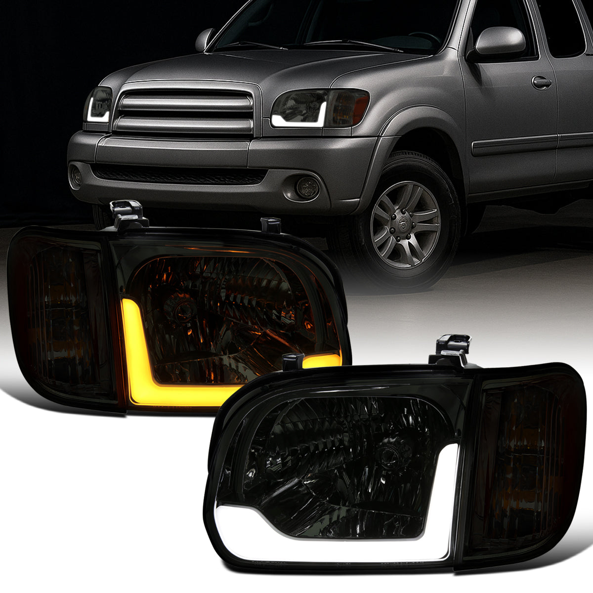 Ronnin - Compatible con Toyota Tundra 2005-2006 y Sequoia 2005-2007, luces LED de circulación diurna de repuesto mejoradas, intermitentes secuenciales, faros delanteros + conjunto de luces de esquina, par | Ahumado