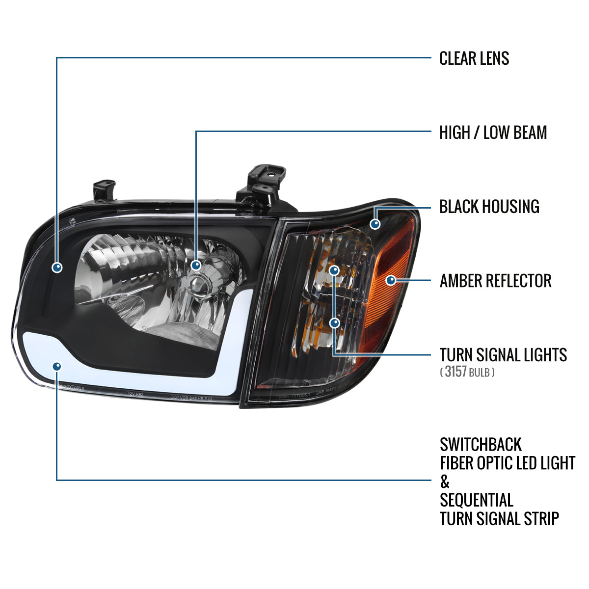 Ronnin - Compatible con Toyota Tundra 2005-2006, Sequoia 2005-2007, mejora de repuesto de luces de circulación diurna LED con intermitentes secuenciales, faros delanteros y conjunto de luces de esquina (par) | Negro