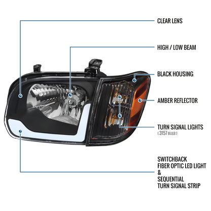Ronnin - Compatible con Toyota Tundra 2005-2006, Sequoia 2005-2007, mejora de repuesto de luces de circulación diurna LED con intermitentes secuenciales, faros delanteros y conjunto de luces de esquina (par) | Negro