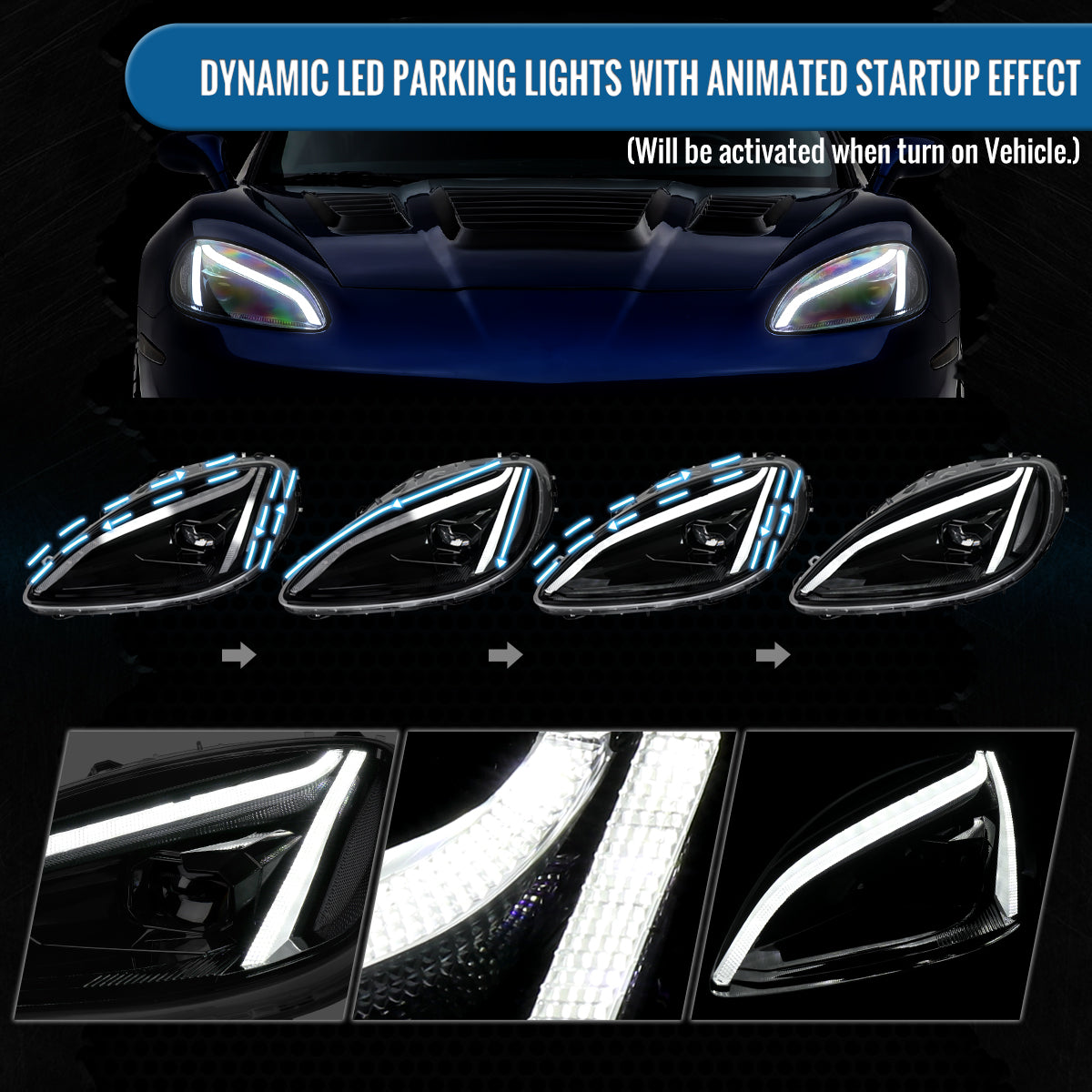 2005-2013 Chevy C6 Corvette Full LED Headlights Sequential Turn Signals + Animated Startup Pair | Black