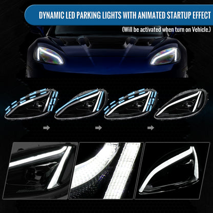 2005-2013 Chevy C6 Corvette Full LED Headlights Sequential Turn Signals + Animated Startup Pair | Black