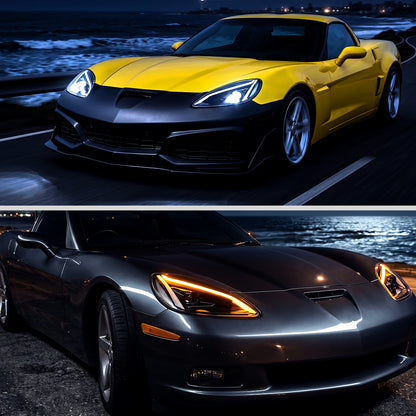 2005-2013 Chevy C6 Corvette Full LED Headlights Sequential Turn Signals + Animated Startup Pair | Black