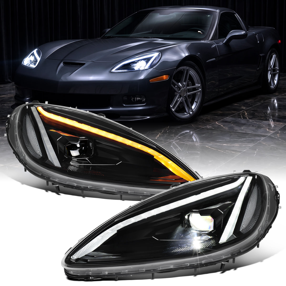 2005-2013 Chevy C6 Corvette Full LED Headlights Sequential Turn Signals + Animated Startup Pair | Black