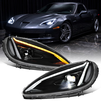 2005-2013 Chevy C6 Corvette Full LED Headlights Sequential Turn Signals + Animated Startup Pair | Black