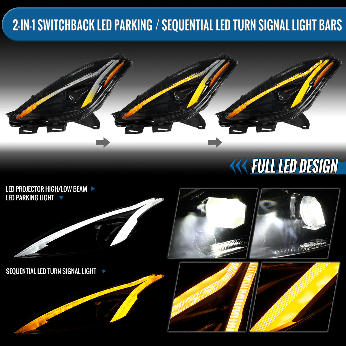 2014-2019 Chevy Corvette C7 Full LED Switchback Sequential Turn Signals Animated Startup Headlights Pair | Gloss Black