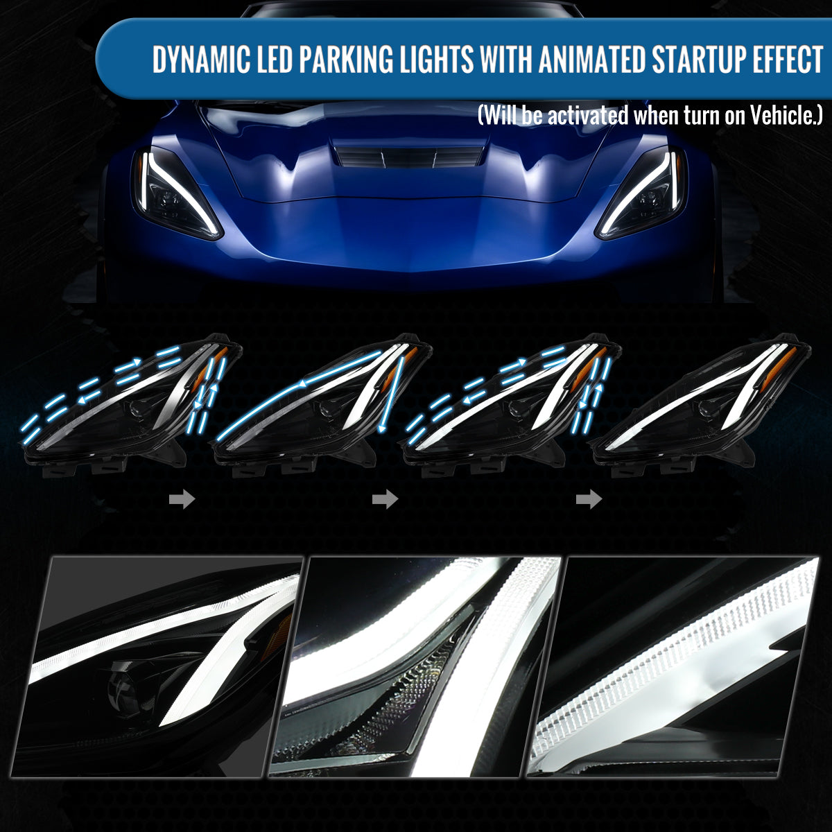 2014-2019 Chevy Corvette C7 Full LED Switchback Sequential Turn Signals Animated Startup Headlights Pair | Gloss Black