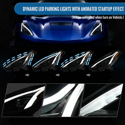 2014-2019 Chevy Corvette C7 Full LED Switchback Sequential Turn Signals Animated Startup Headlights Pair | Gloss Black