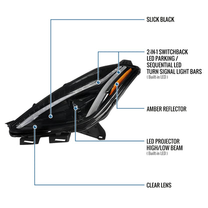 2014-2019 Chevy Corvette C7 Full LED Switchback Sequential Turn Signals Animated Startup Headlights Pair | Gloss Black