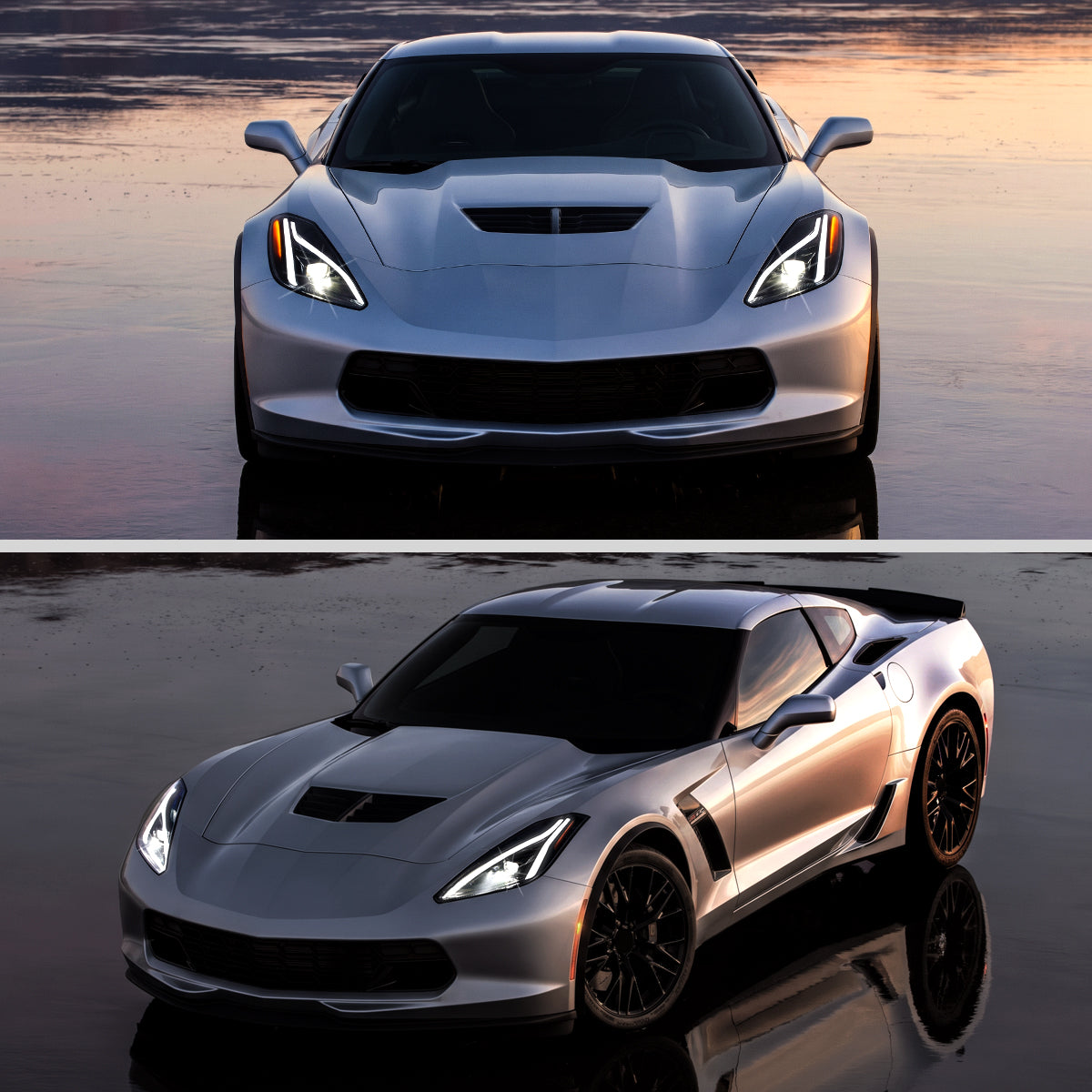 2014-2019 Chevy Corvette C7 Full LED Switchback Sequential Turn Signals Animated Startup Headlights Pair | Gloss Black