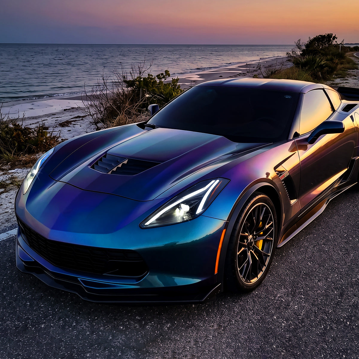 2014-2019 Chevy Corvette C7 Full LED Switchback Sequential Turn Signals Animated Startup Headlights Pair | Gloss Black