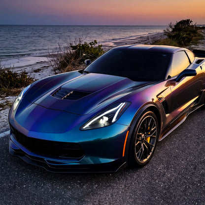 2014-2019 Chevy Corvette C7 Full LED Switchback Sequential Turn Signals Animated Startup Headlights Pair | Gloss Black